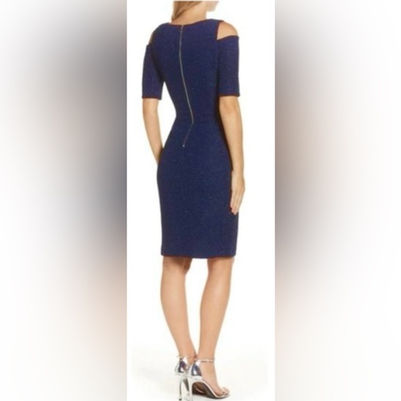Eliza J Cold Shoulder 1/2 Sleeve Midnight Sparkle Textured Knit Sheath Dress - Picture 8 of 8